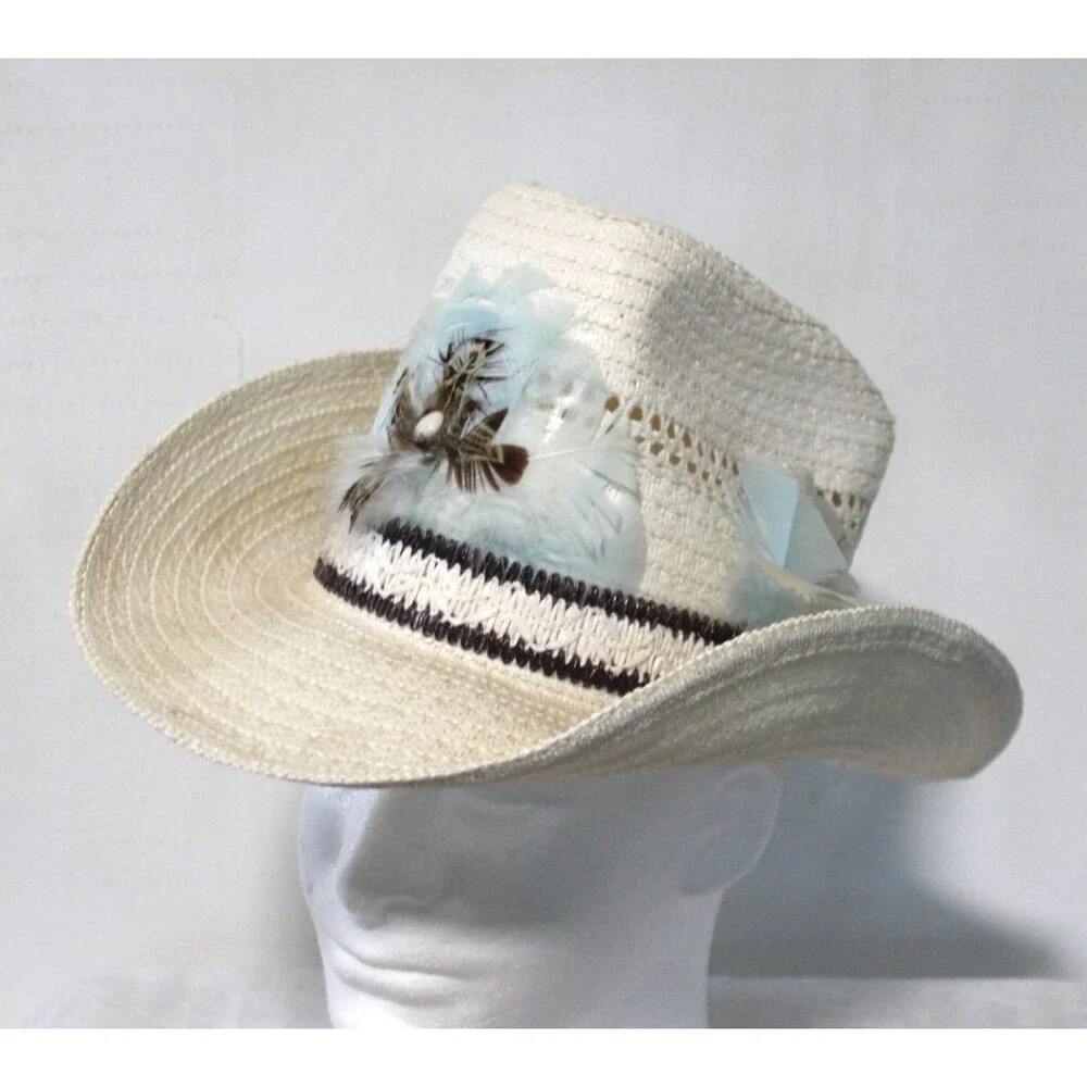 Cowgirl Hat, Tan Straw Rancher Feather Brim Trim White Tan Medium 6 7/8